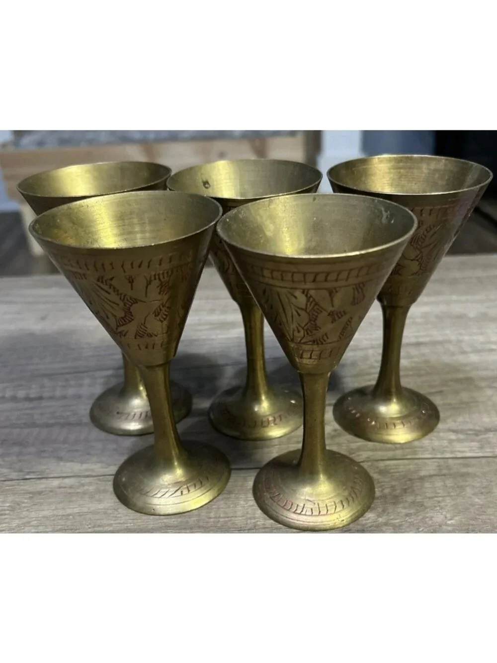 Set Of 5 Brass Goblets Hand-Etched Decorative Red Detailing Vintage Drinkware